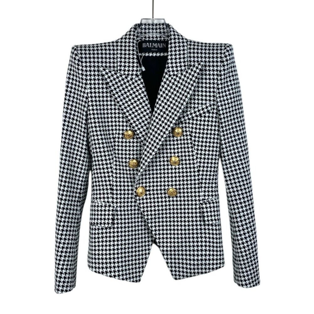 Balmain Womens Houndstooth Double-Breasted Blazer With Gold Buttons
